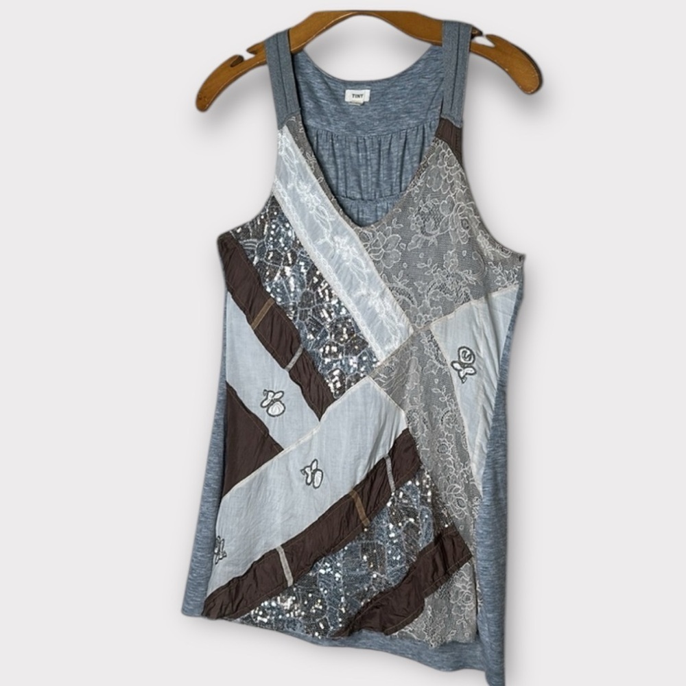 Anthropologie Tiny Patchwork Sequined Lace Tank S… - image 1